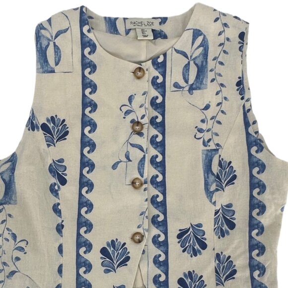 🌊 NWT Rachel Zoe Blue Ivory Linen Blend Baroque Print Top L 🌊 - Picture 5 of 8